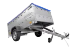 Anhänger mit faltbarer Deichsel GARDEN TRAILER 230 KIPP mit zusätzlichen Bordwänden, Stützrad und blauer Flachplane
