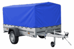 Auto Anhänger 230×125 Garden Trailer 230 KIPP Unitrailer 750 kg mit Stützrad, blauer Hochplane und Hochspriegel