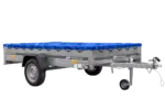 Einachsanhänger 264×150 UNITRAILER GARDEN 265 KIPP mit einem Flachplanenträger und blauer Plane