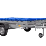 Einachsanhänger 264×150 UNITRAILER GARDEN 265 KIPP mit einem Flachplanenträger und blauer Plane