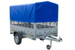 PKW-Anhänger auf Federn 230×125 UNITRAILER GARDEN 230/R KIPP mit Gitterwänden, H-800-Rahmen und blauer Plane